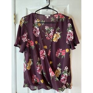 Faux Wrap Top Medium C Floral Purple Blouse Sheer Short Sleeve V-Neck‎ Feminine